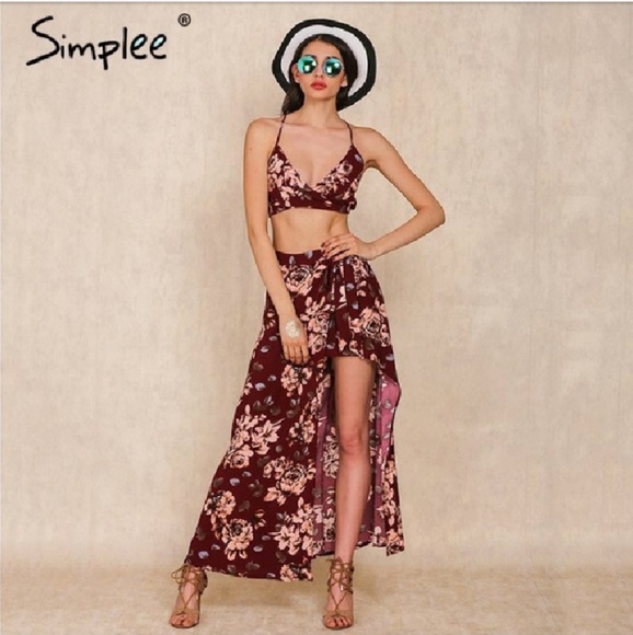 Simplee Apparel Dresses & Skirts - Two piece floral maxi wrap skirt with crop top
